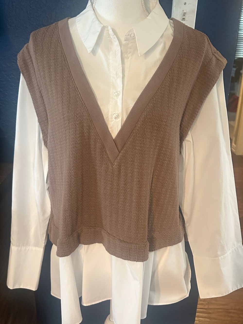 Anthropologie Brown V-Neck Knit Twofer Button Down Layering Vest Size L